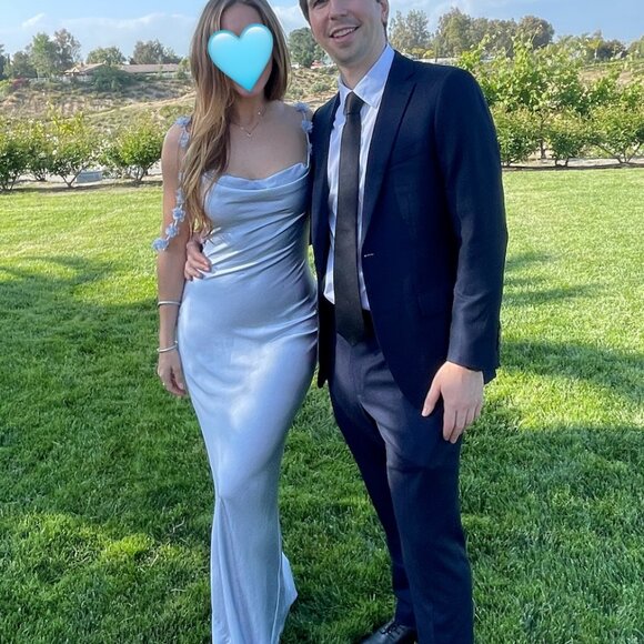 Self Portrait Blue Satin Flower Maxi Dress - Size 4/Small - Picture 2 of 6